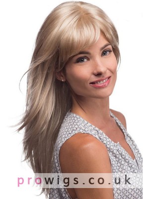 Long Smooth Flicked Layers Synthetic Wig With Face Framing Bangs 