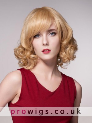 Medium Length Blond Curly Smooth Synthetic Wig
