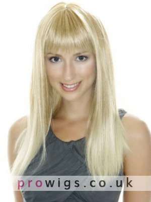 Long Sleek Straight Light Blonde Lace Wig With Full Bangs