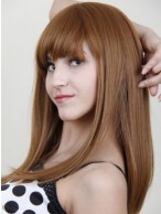 Long Straight Remy Human Hair Wig with Bangs