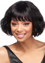 Black Women Remy Human Hair Wig With Neat Bangs 